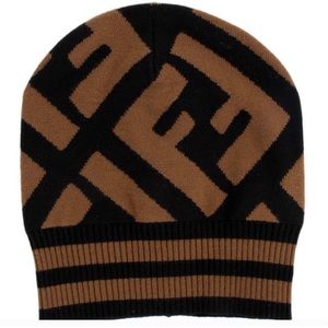 Fendi FF Logo Beanie Hat in Black & Camel